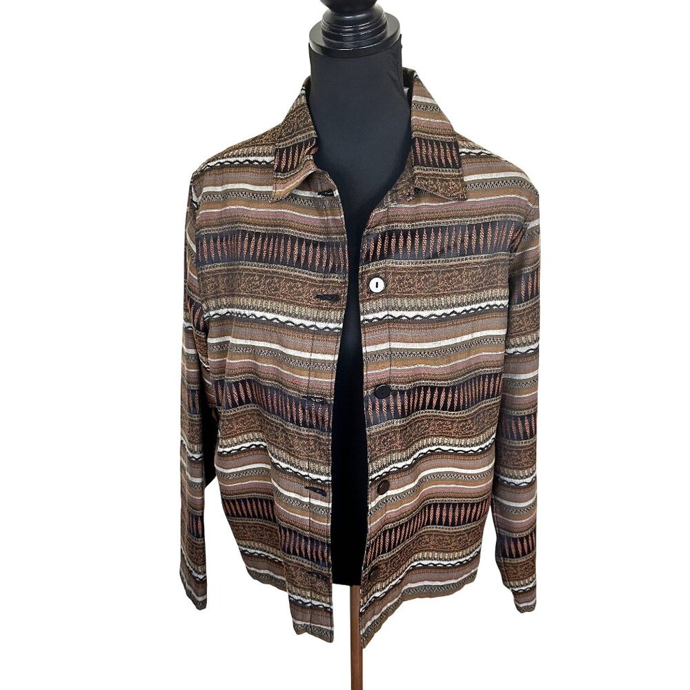 Vtg Brown Womens Shacket Multicolor Striped Button Up Jacket Medium White Stag